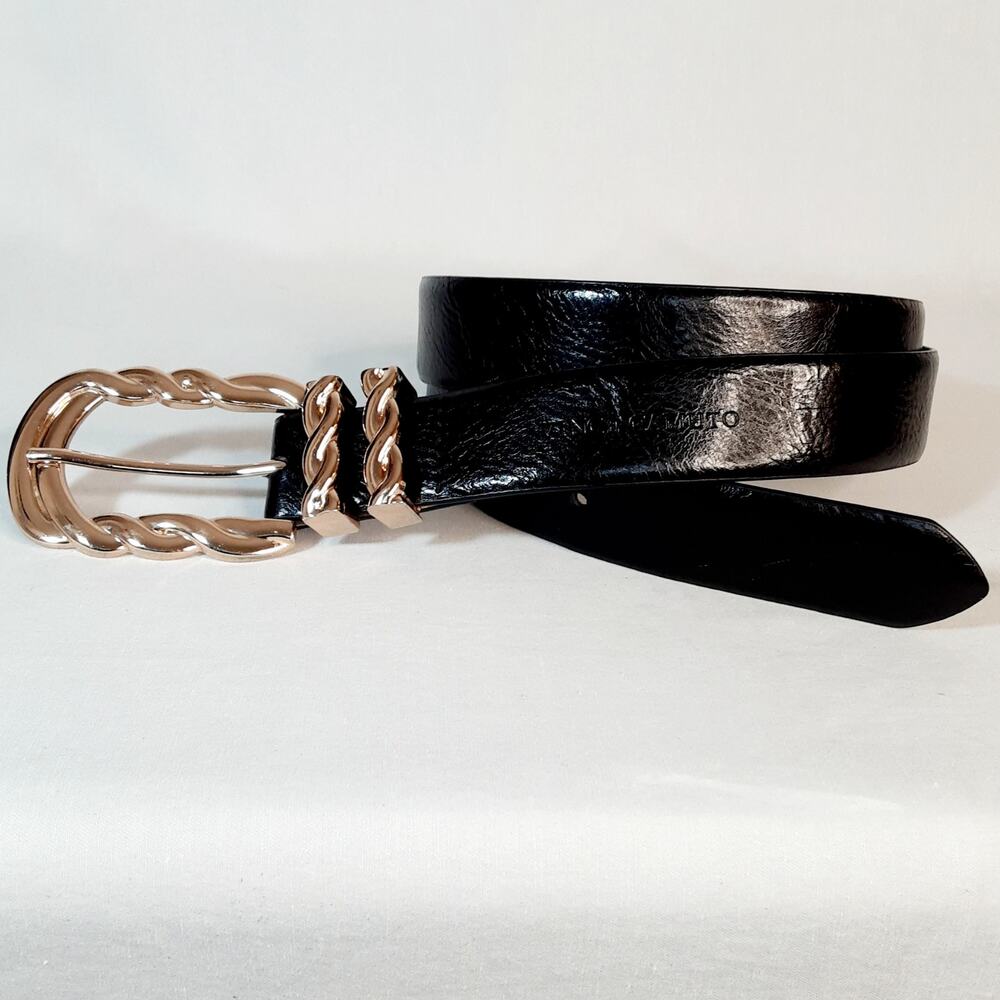 Vince Camuto Womens Black Faux Leather Belt L Twisted Gold Tone Hardware Design